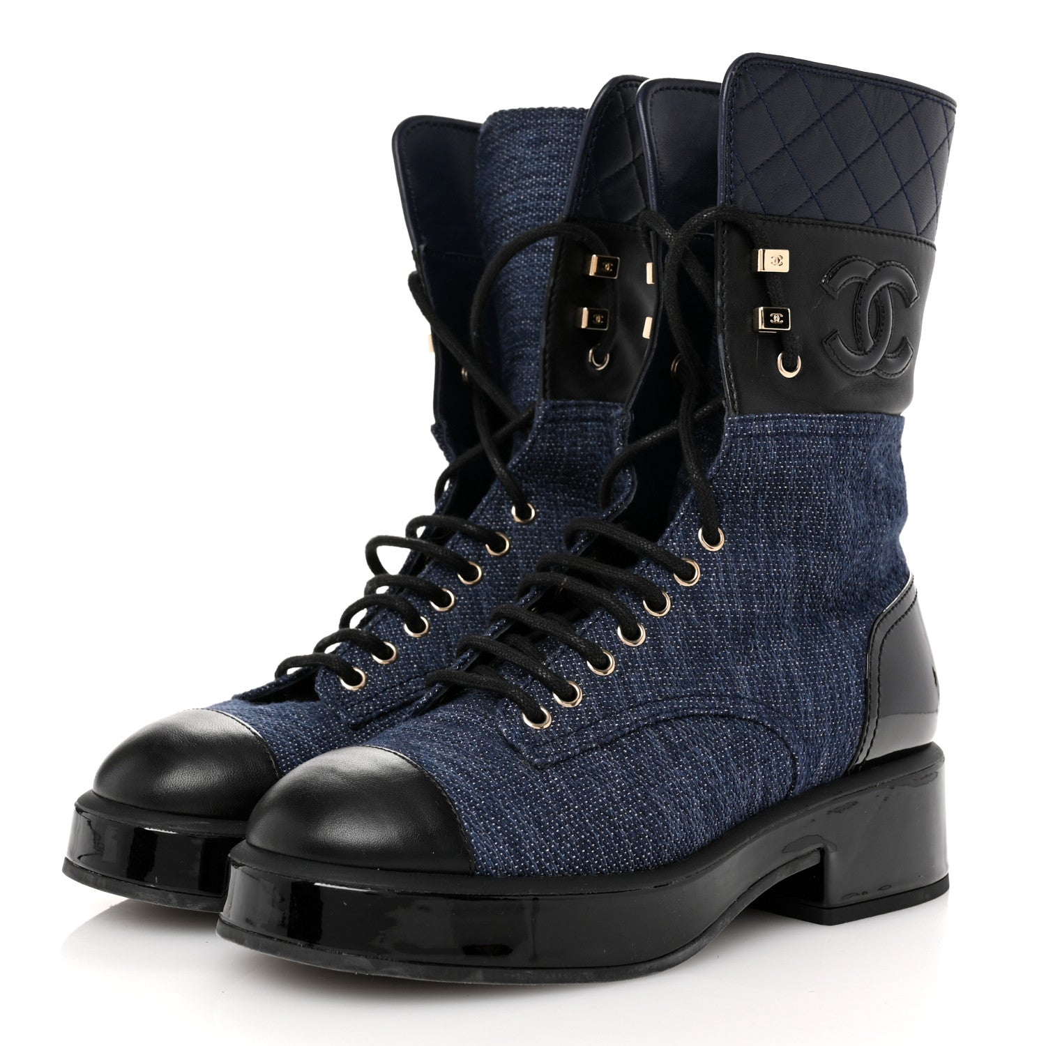 Chanel Fabric Patent Lambskin Quilted CC Lace Up Combat Boots 37 Navy Blue Black