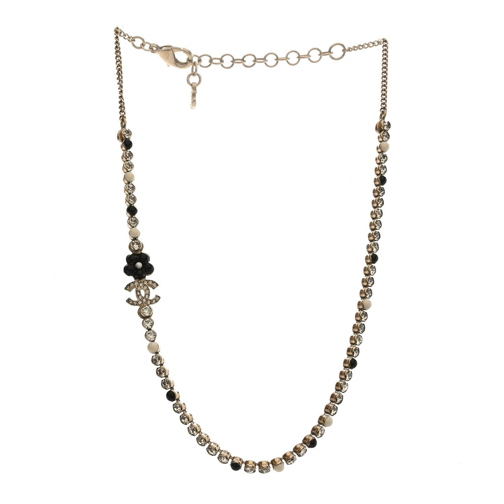 Chanel Crystal Pearl Glass Beaded CC Short Necklace Gold White Black