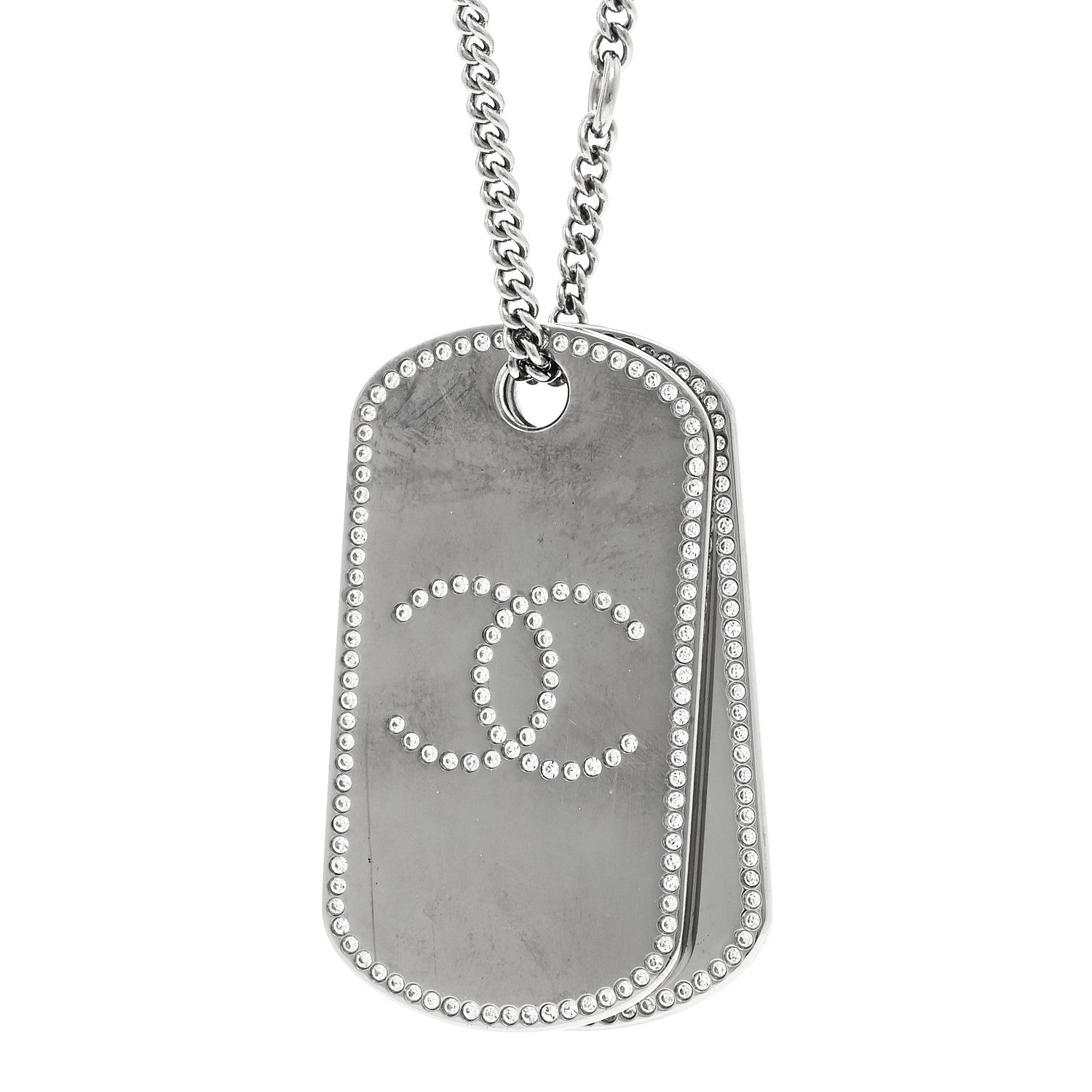 Chanel Metal Crystal Ruthenium Dog Tag Charm Necklace Black
