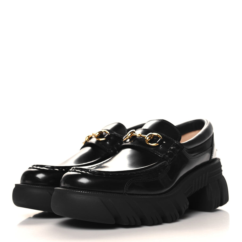 Gucci Magnum Calfskin Nappa Samoa Womens Horsebit Platform Chunky Lug Sole 40mm Loafers 40.5 Black