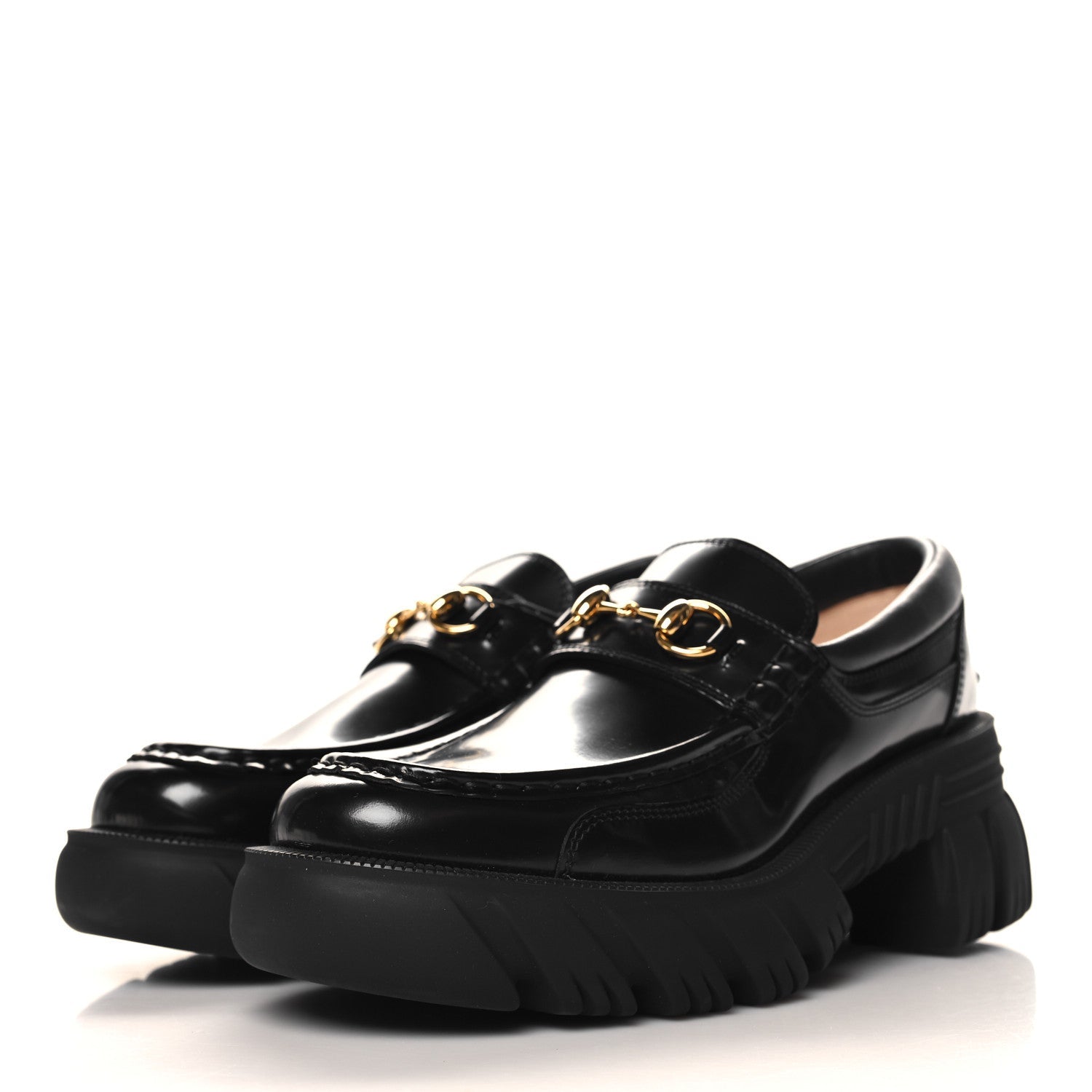 Gucci Magnum Calfskin Nappa Samoa Womens Horsebit Platform Chunky Lug Sole 40mm Loafers 40.5 Black