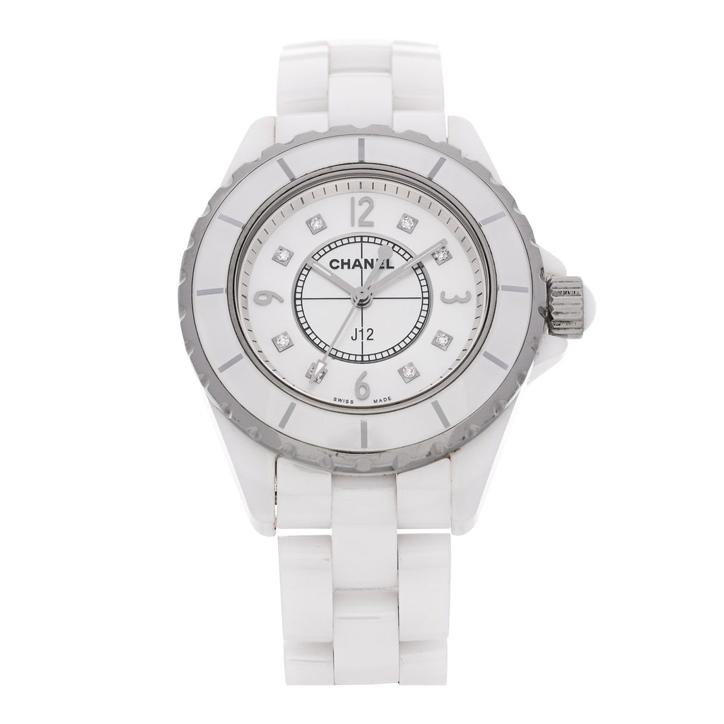 Chanel Stainless Steel Ceramic Diamond Mother of Pearl 33mm J12 Quartz Watch White