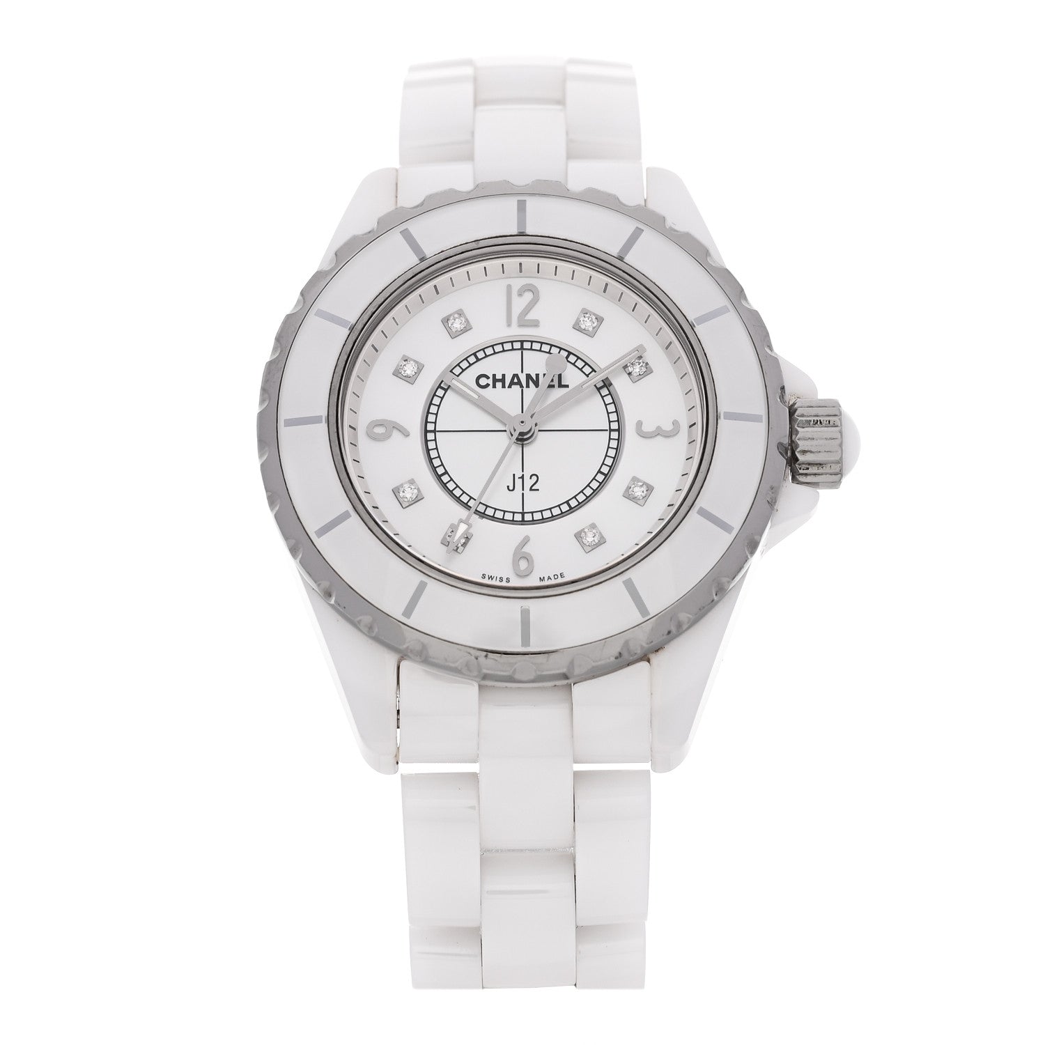 Chanel Stainless Steel Ceramic Diamond Mother of Pearl 33mm J12 Quartz Watch White