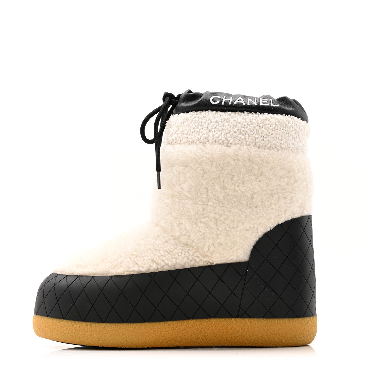 Chanel Tweed Shearling Sheepskin Drawstring Snow Ankle Boots 36 White