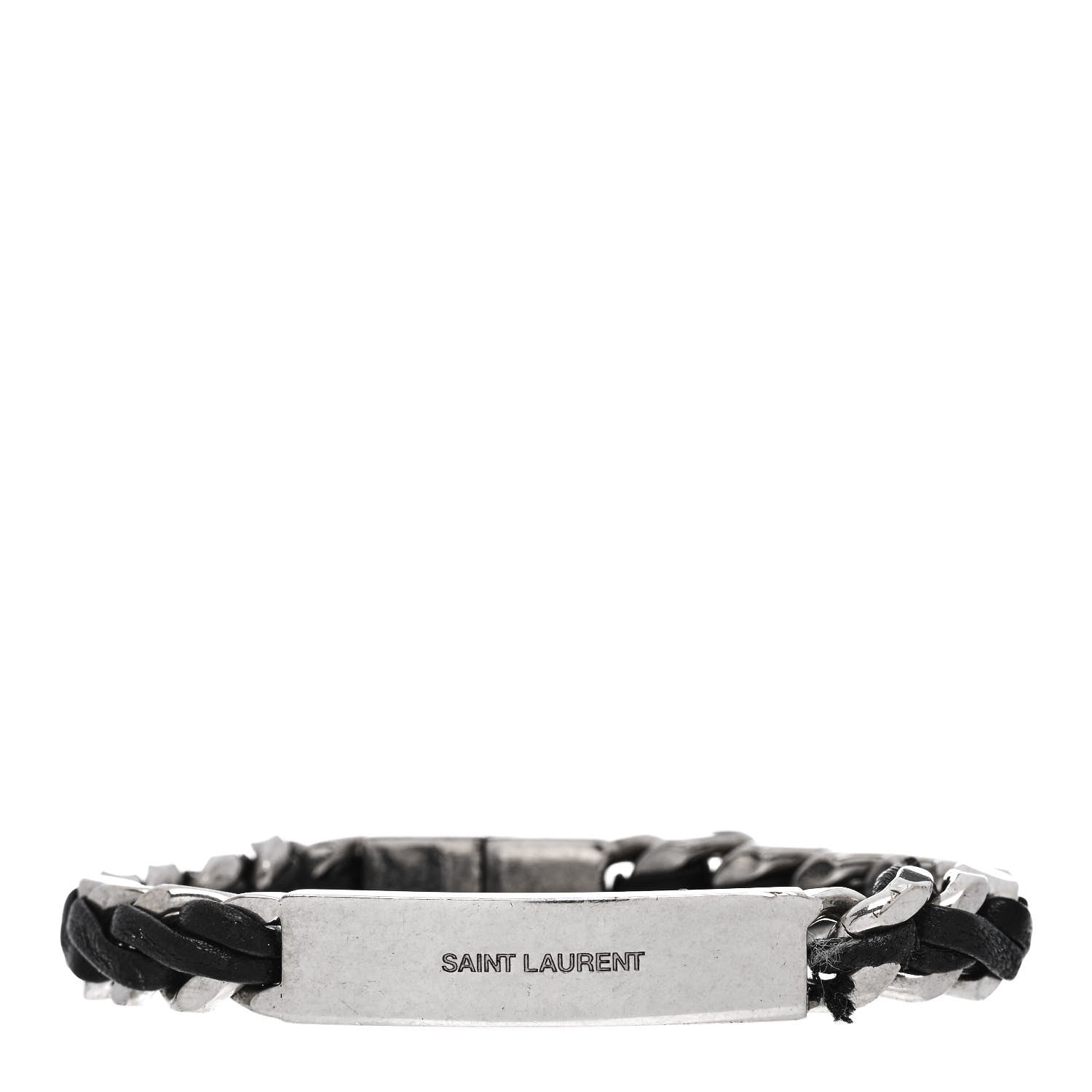 Saint Laurent Metal Leather Curb Chain Bracelet Oxidized Silver Black