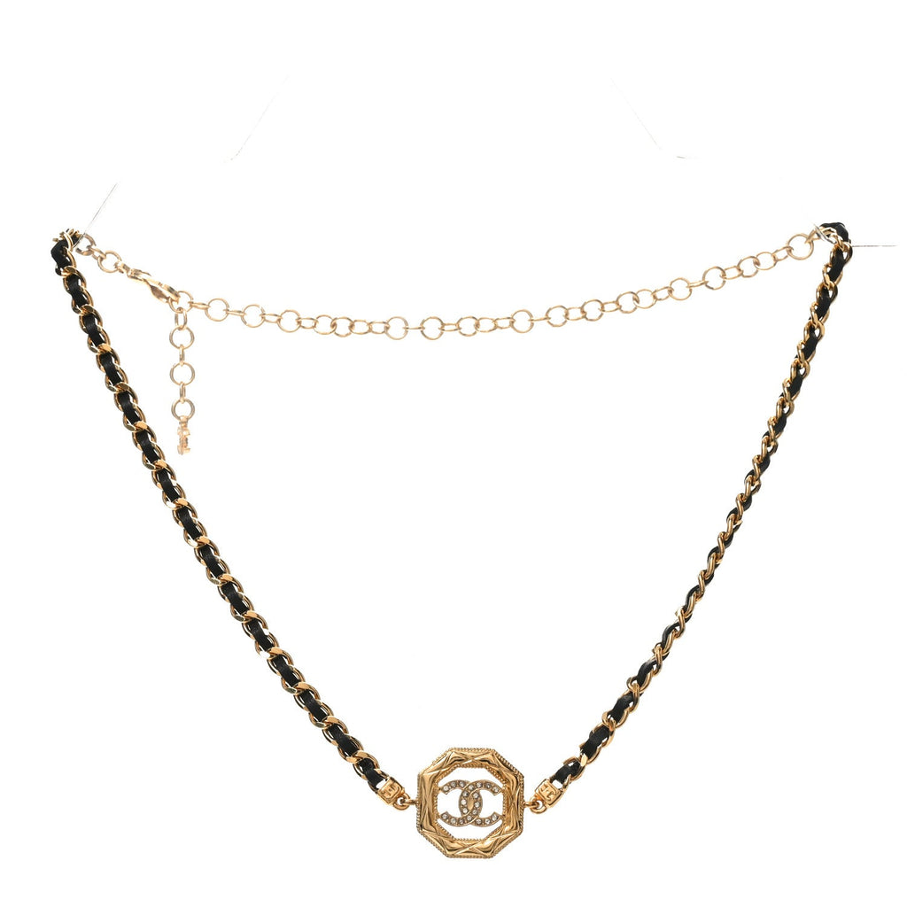 Chanel Metal Calfskin Crystal Chain CC Choker Necklace Black Gold