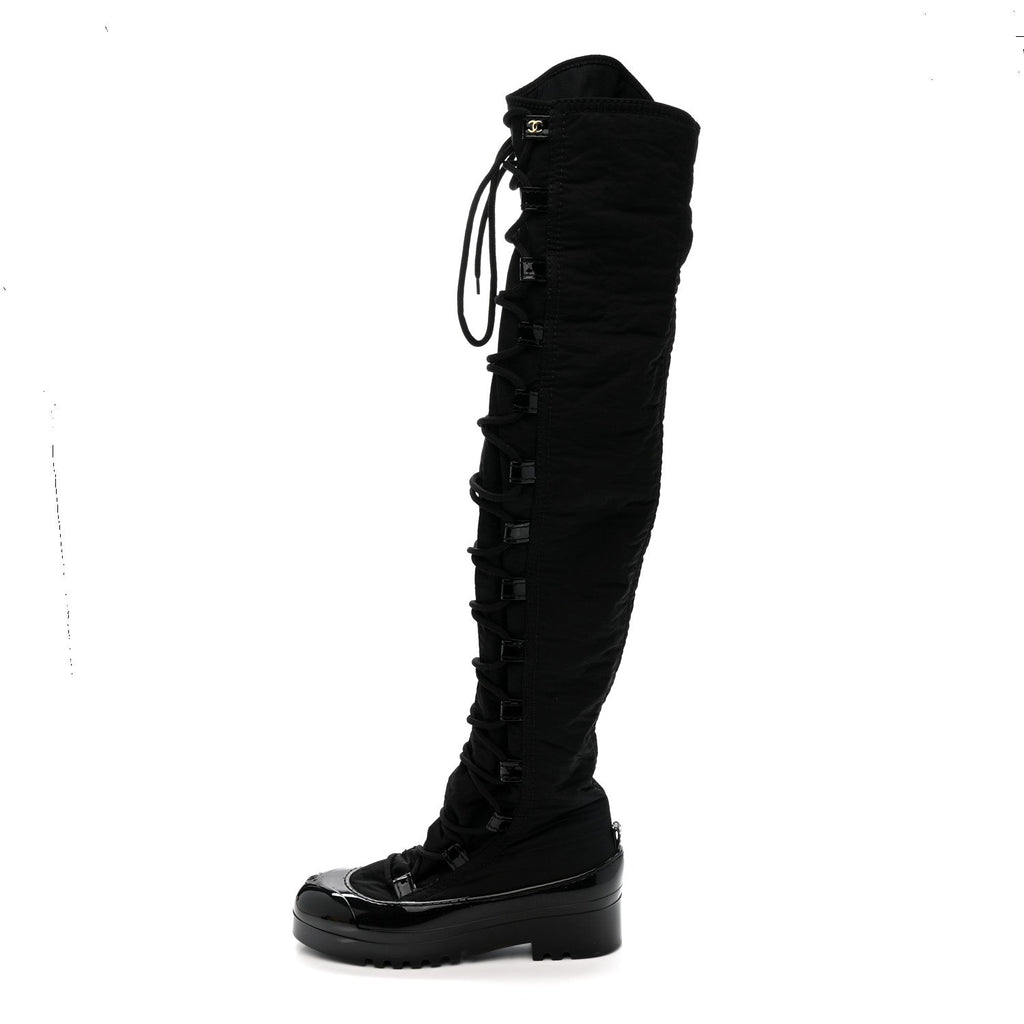 Chanel Nylon Rubber CC Lace Up Thigh High Boots 40 Black