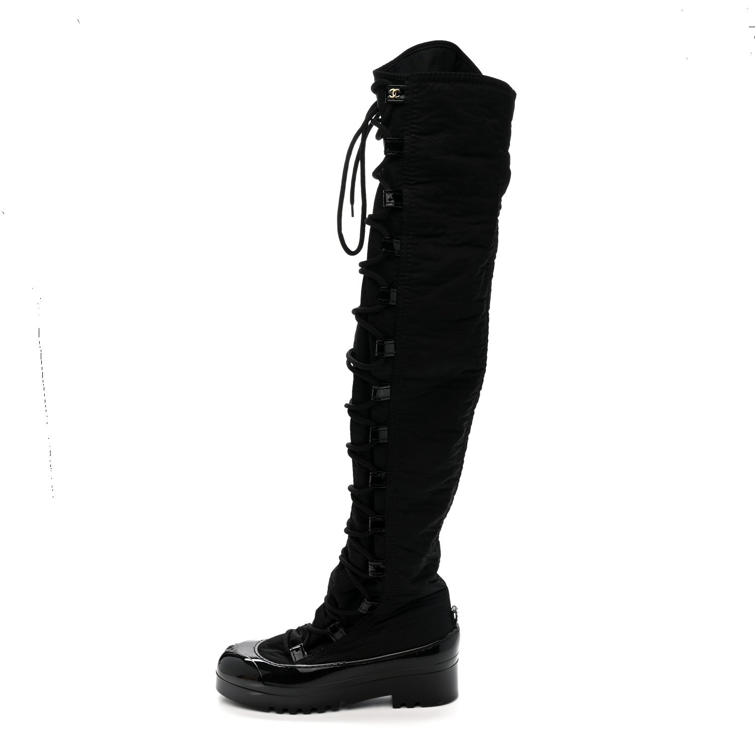 Chanel Nylon Rubber CC Lace Up Thigh High Boots 40 Black