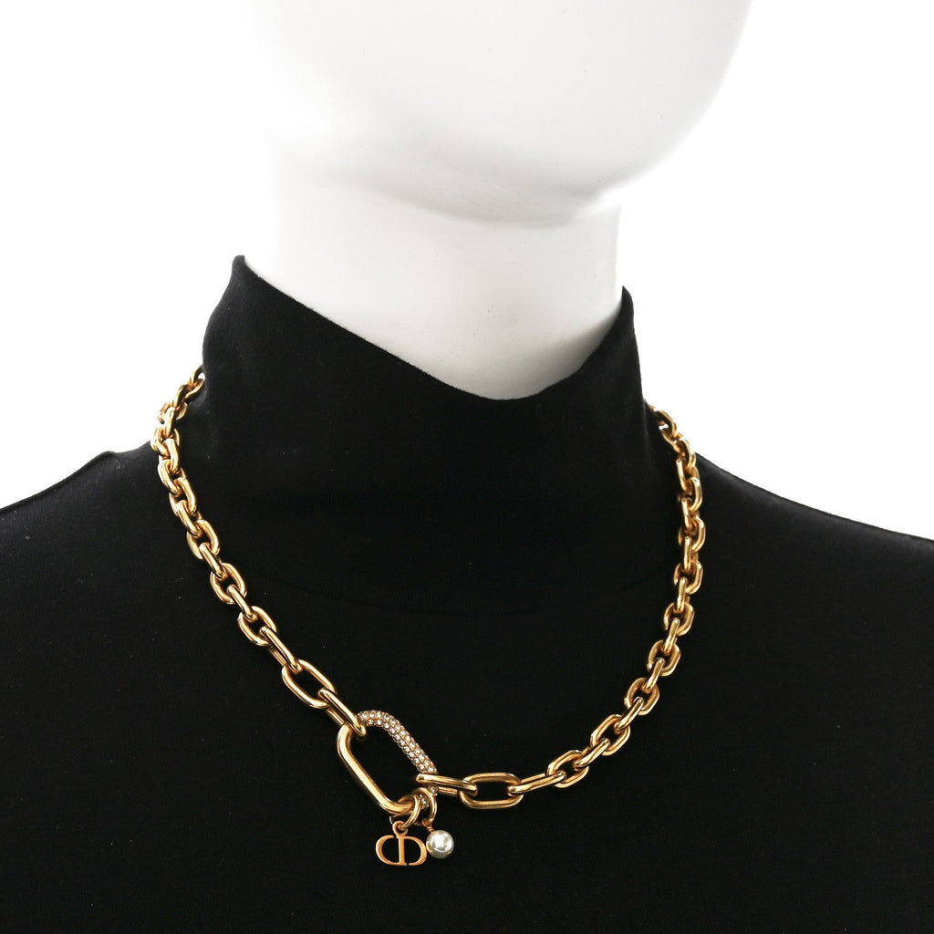 Christian Dior Crystal Pearl CD Chain Necklace Gold