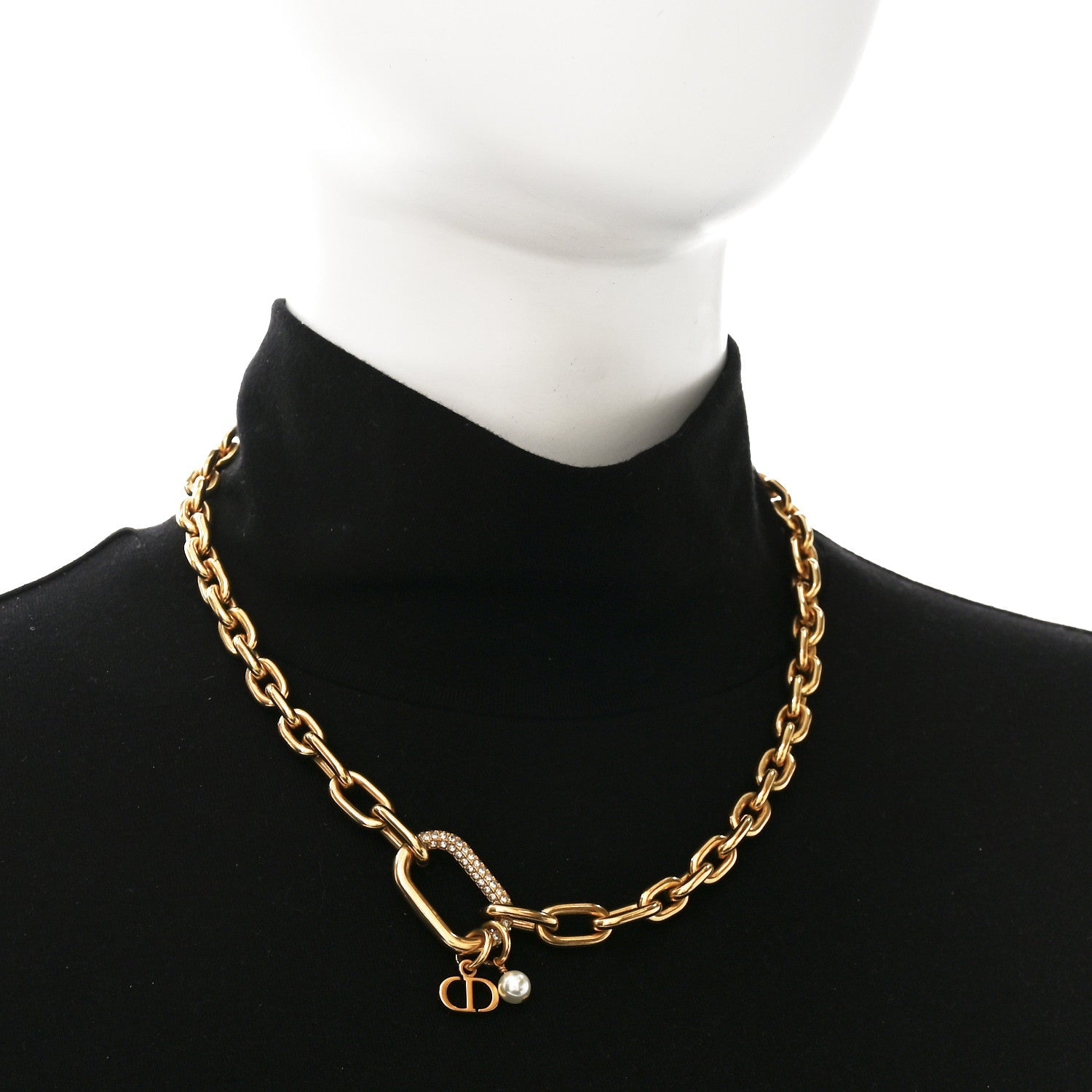 Christian Dior Crystal Pearl CD Chain Necklace Gold