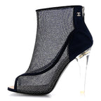 Chanel Mesh Crystal Open Toe Ankle Boots 40 Navy
