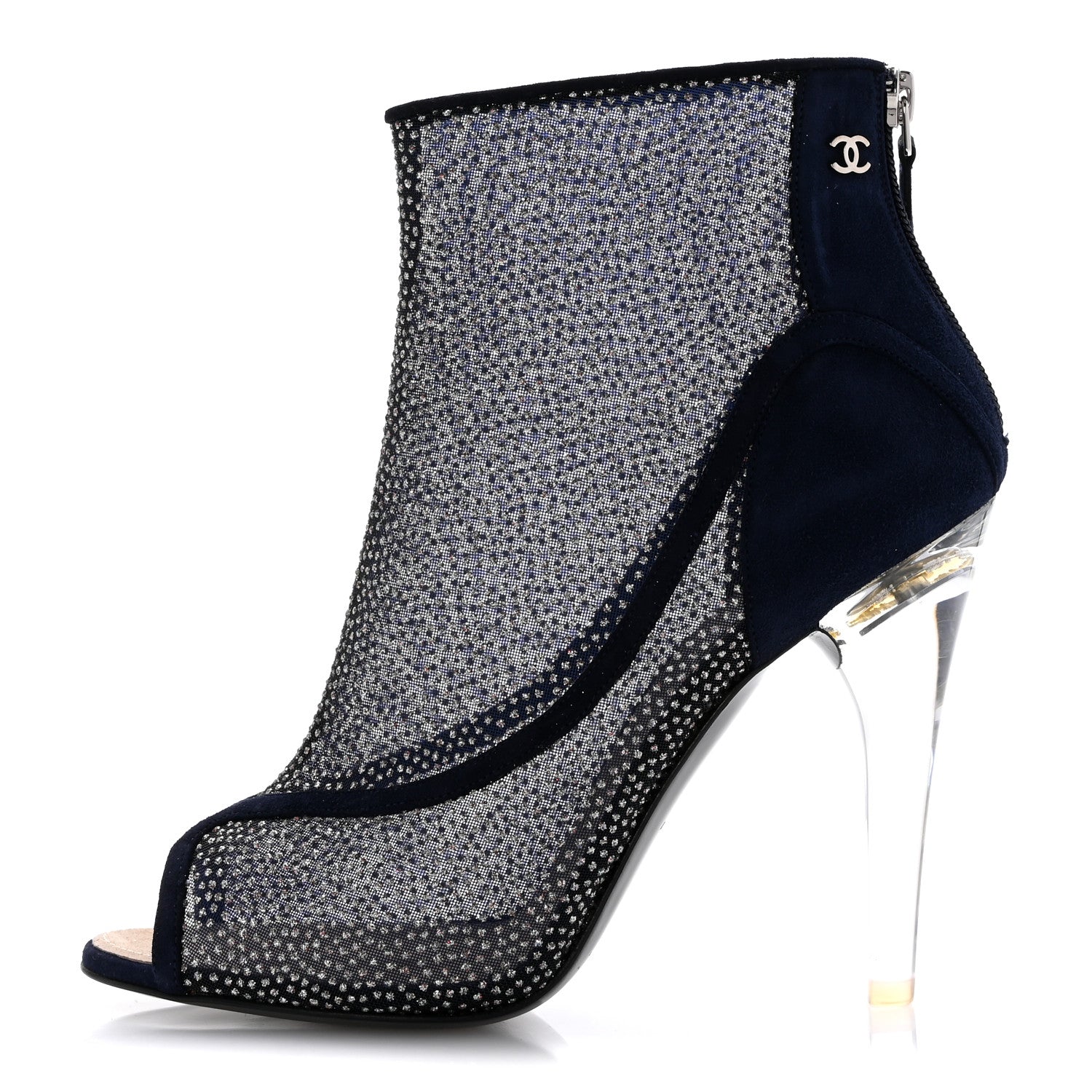 Chanel Mesh Crystal Open Toe Ankle Boots 40 Navy