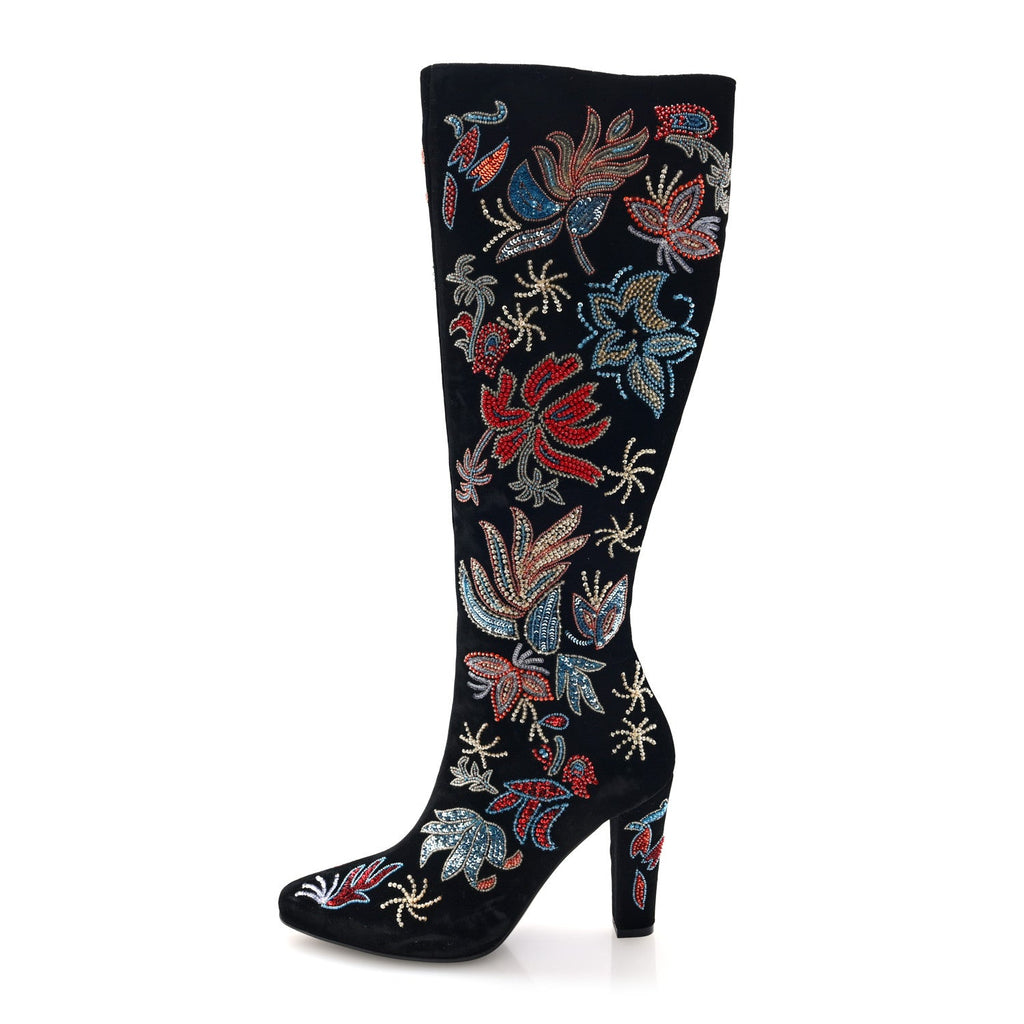 Saint Laurent Velvet Embroidered Claire Boots 36 Black