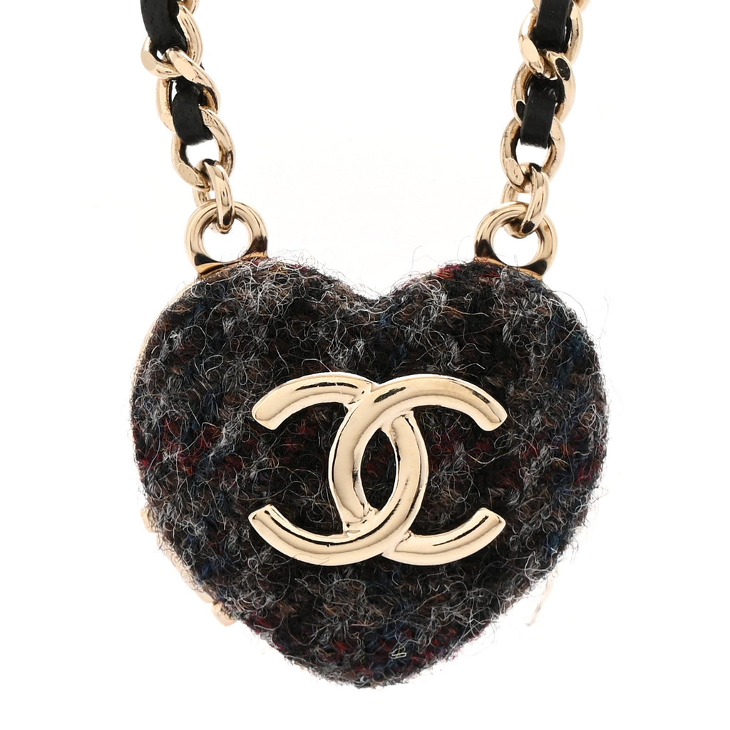 Chanel Tweed Lambskin CC Heart Locket Necklace Gold Black Beige