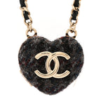 Chanel Tweed Lambskin CC Heart Locket Necklace Gold Black Beige