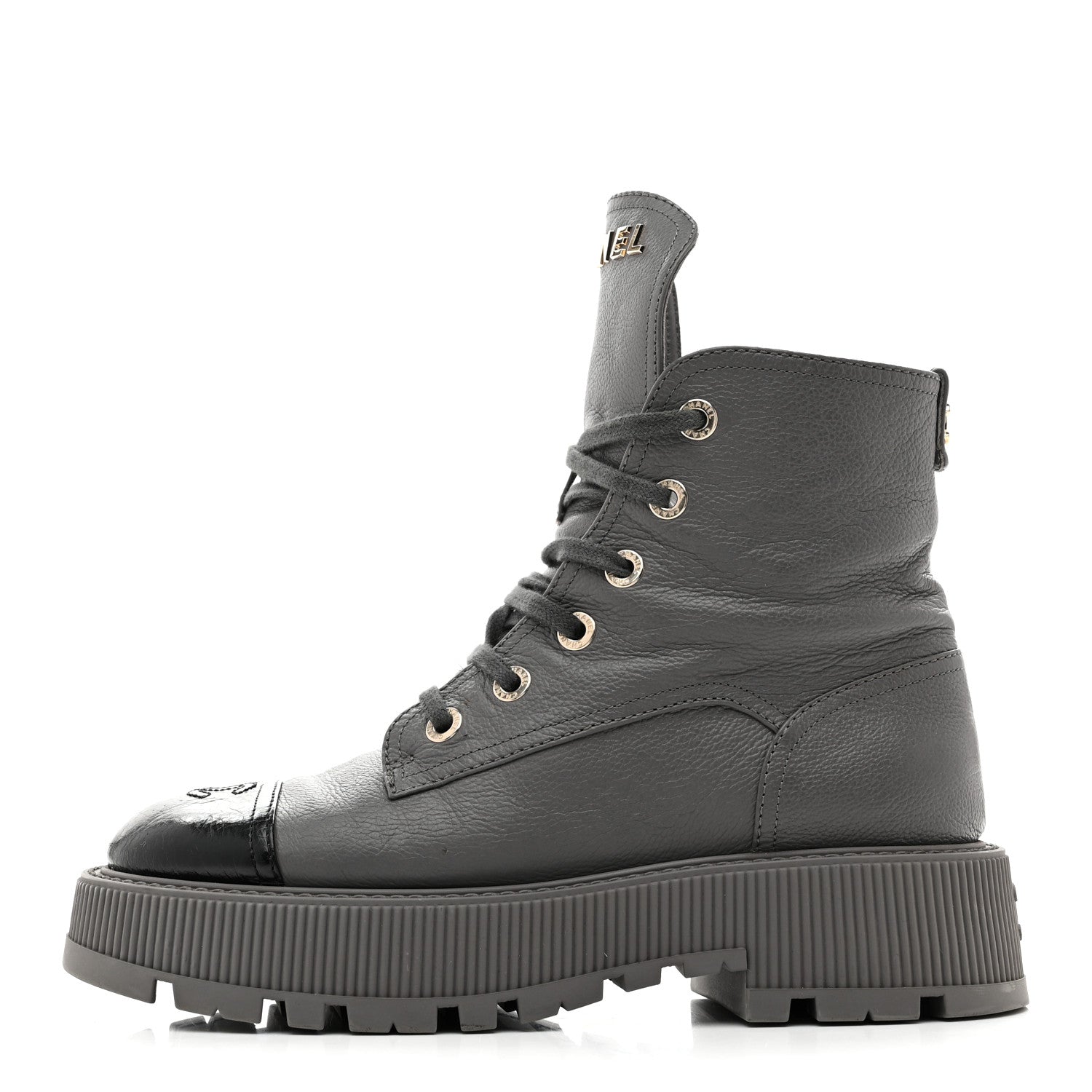 Chanel Calfskin CC Lace Up Combat Boots 39 Gray