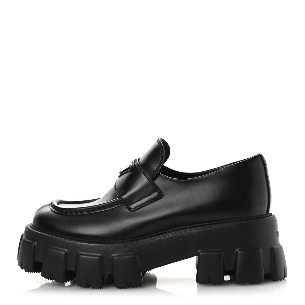 Prada Spazzolato Rois Metal Triangle Logo Monolith 55mm Loafers 39 Black