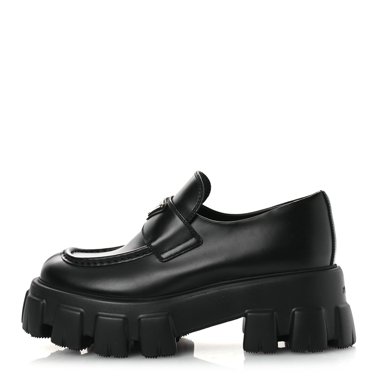 Prada Spazzolato Rois Metal Triangle Logo Monolith 55mm Loafers 39 Black