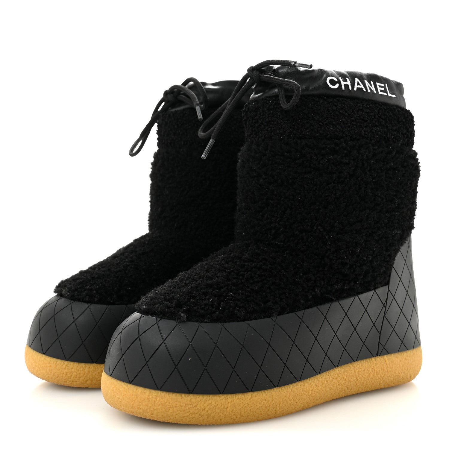Chanel Tweed Shearling Sheepskin Drawstring Snow Ankle Boots 36 Black