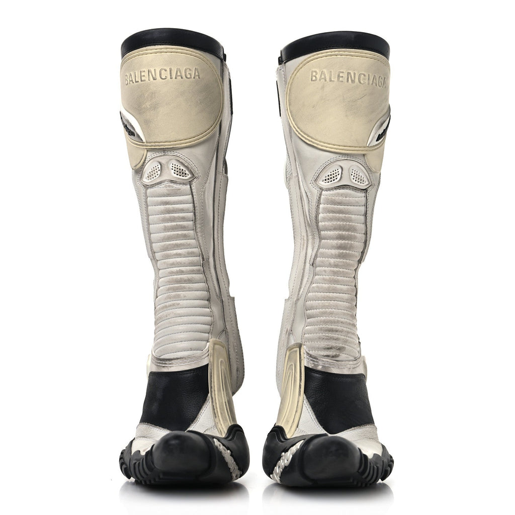 Balenciaga Calfskin Distressed Biker Boots 38 White Beige Black