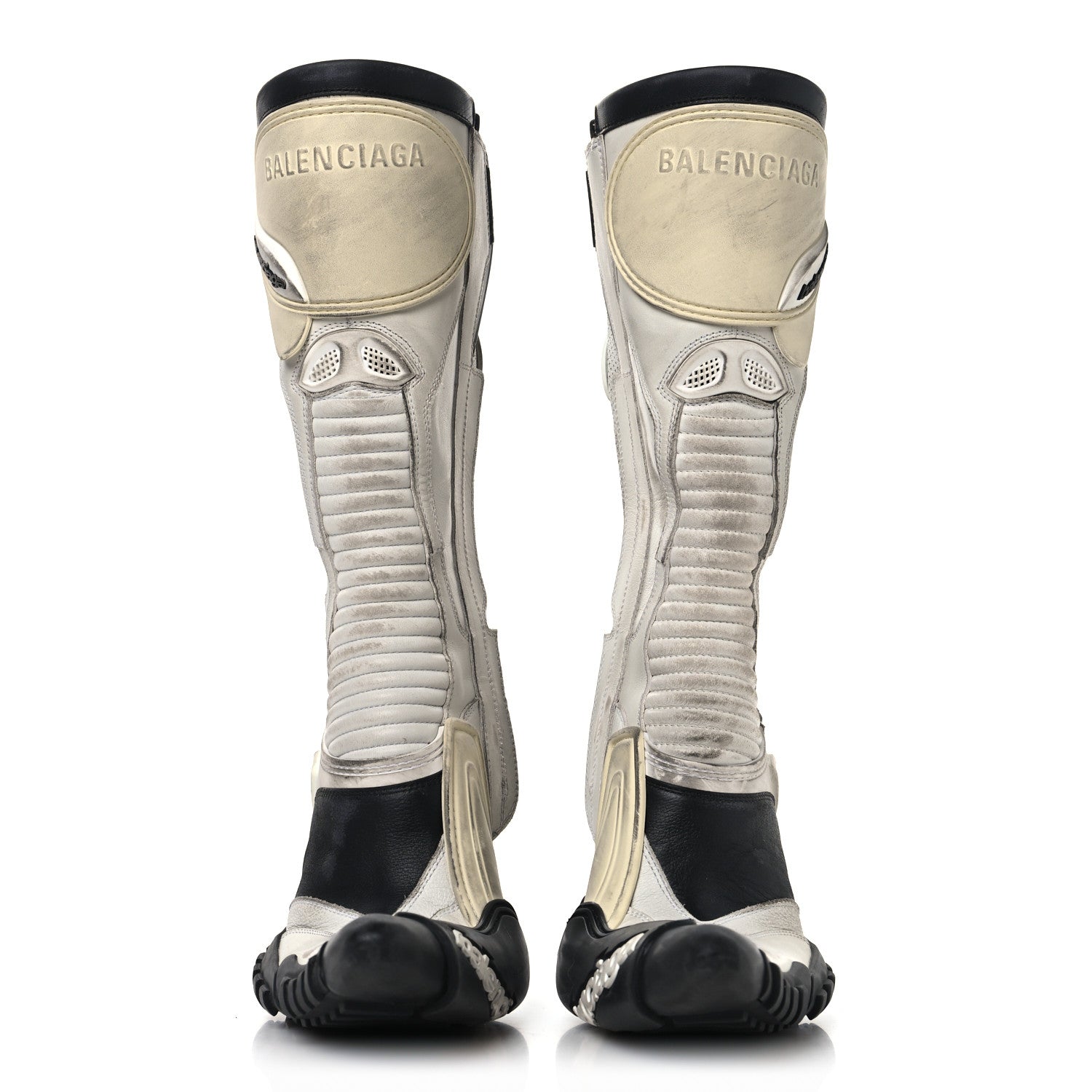 Balenciaga Calfskin Distressed Biker Boots 38 White Beige Black
