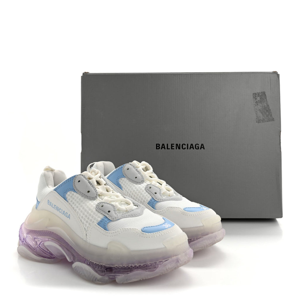 Balenciaga Fabric Mesh Clear Sole Womens Triple S Sneakers 36 Light Blue Grey Lilac White