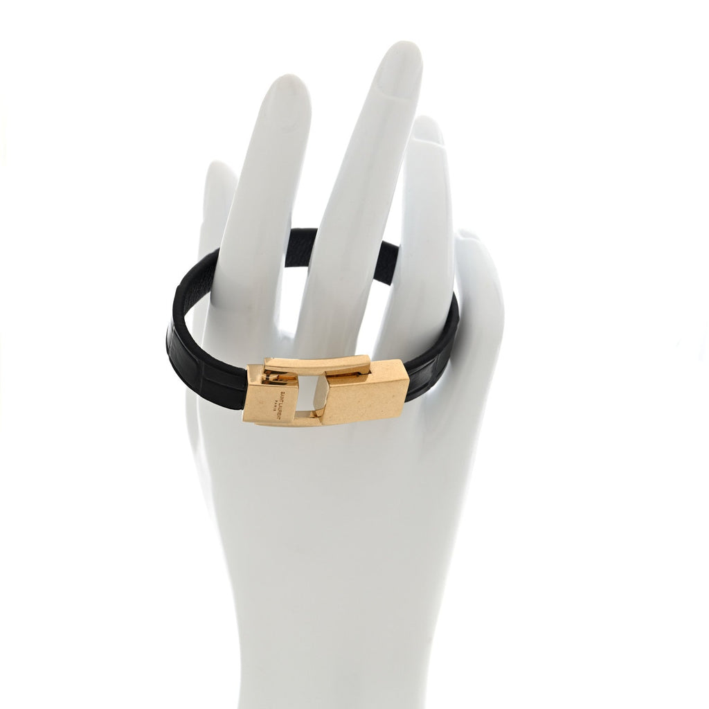 Saint Laurent Calfskin Cocco Print Bracelet M  Black