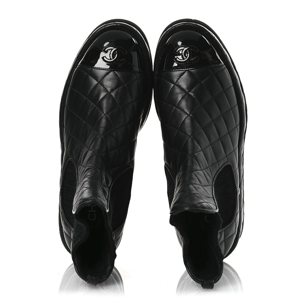 Chanel Lambskin Patent CC Cap Toe Quilted Short Platform Boots 39.5 Black