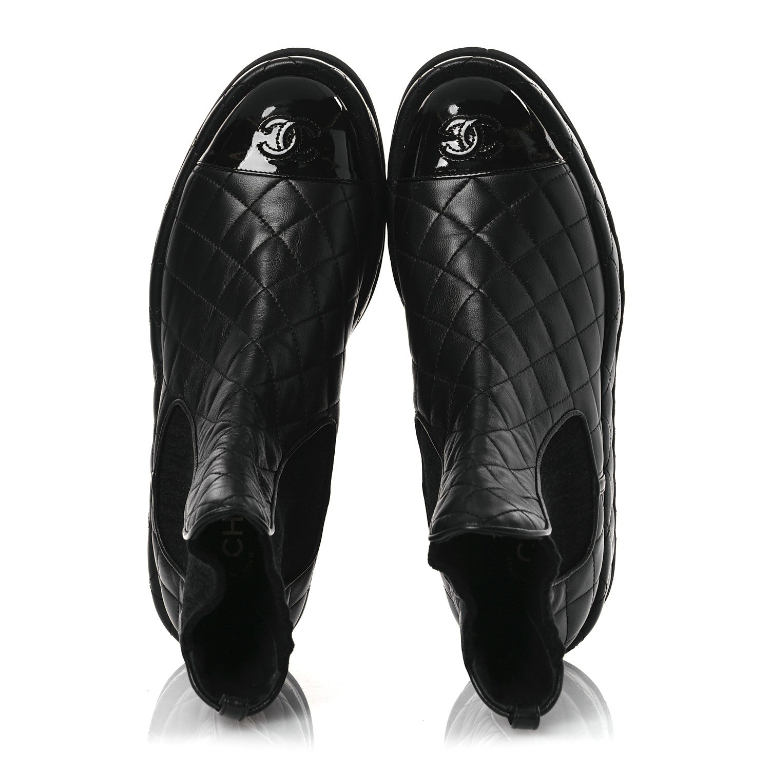 Chanel Lambskin Patent CC Cap Toe Quilted Short Platform Boots 39.5 Black