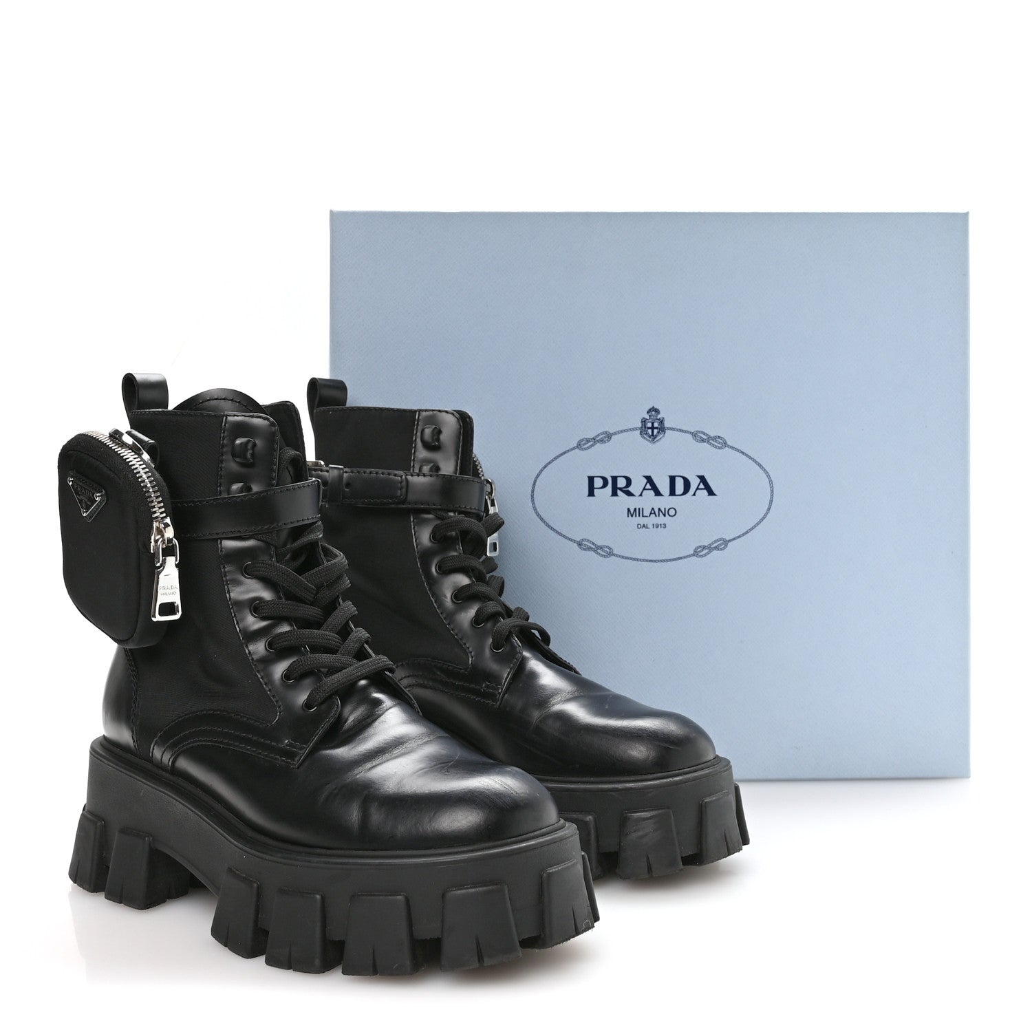 Prada Spazzolato Rois Nylon Metal Triangle Logo Monolith Pouch Pocket 55mm Boots 37 Black