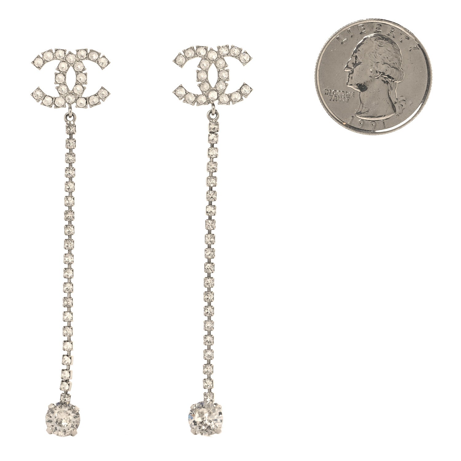 Chanel Metal Baguette Round Crystal CC Drop Long Earrings Silver