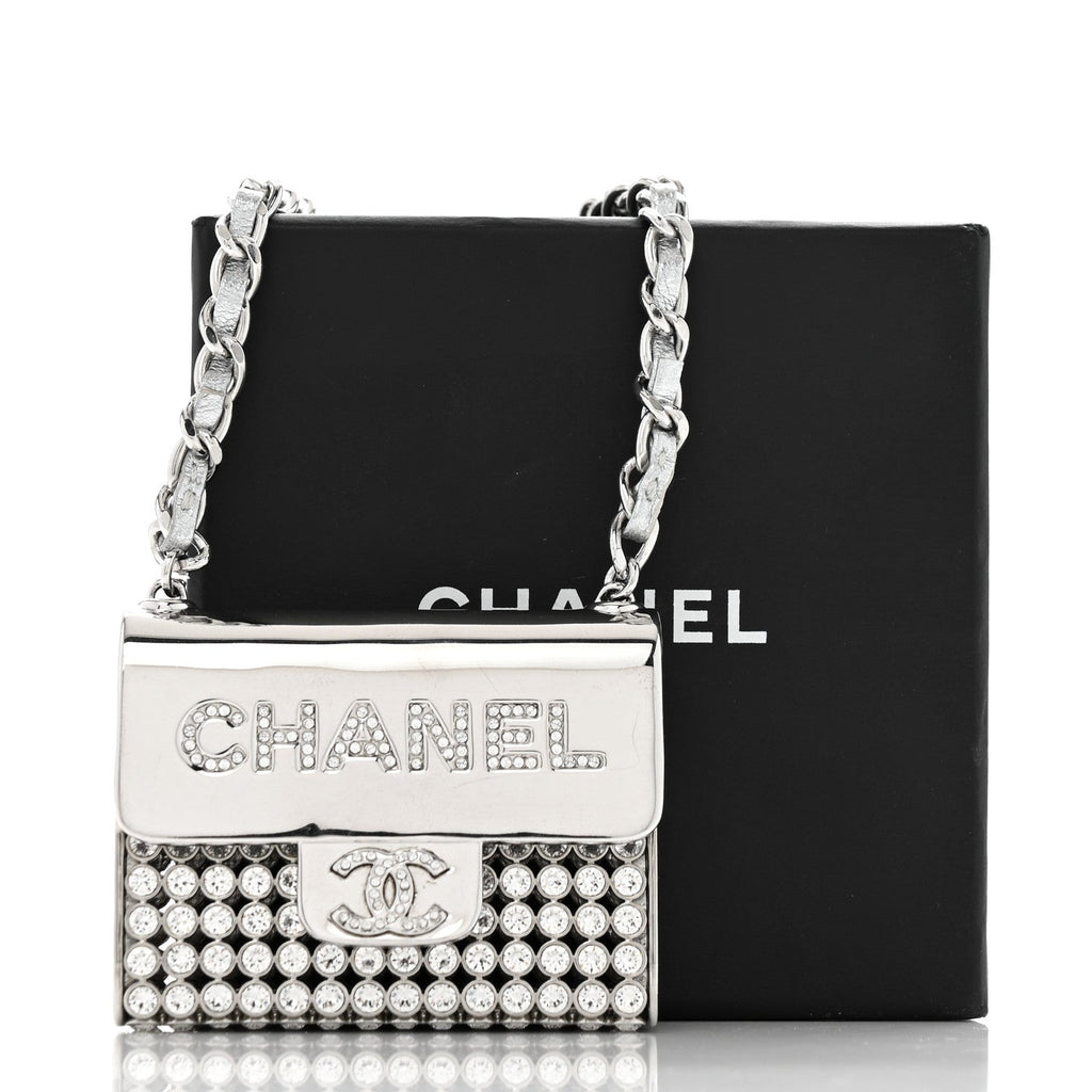 Chanel Metal Lambskin Strass Crystal Purse CC Long Necklace Silver