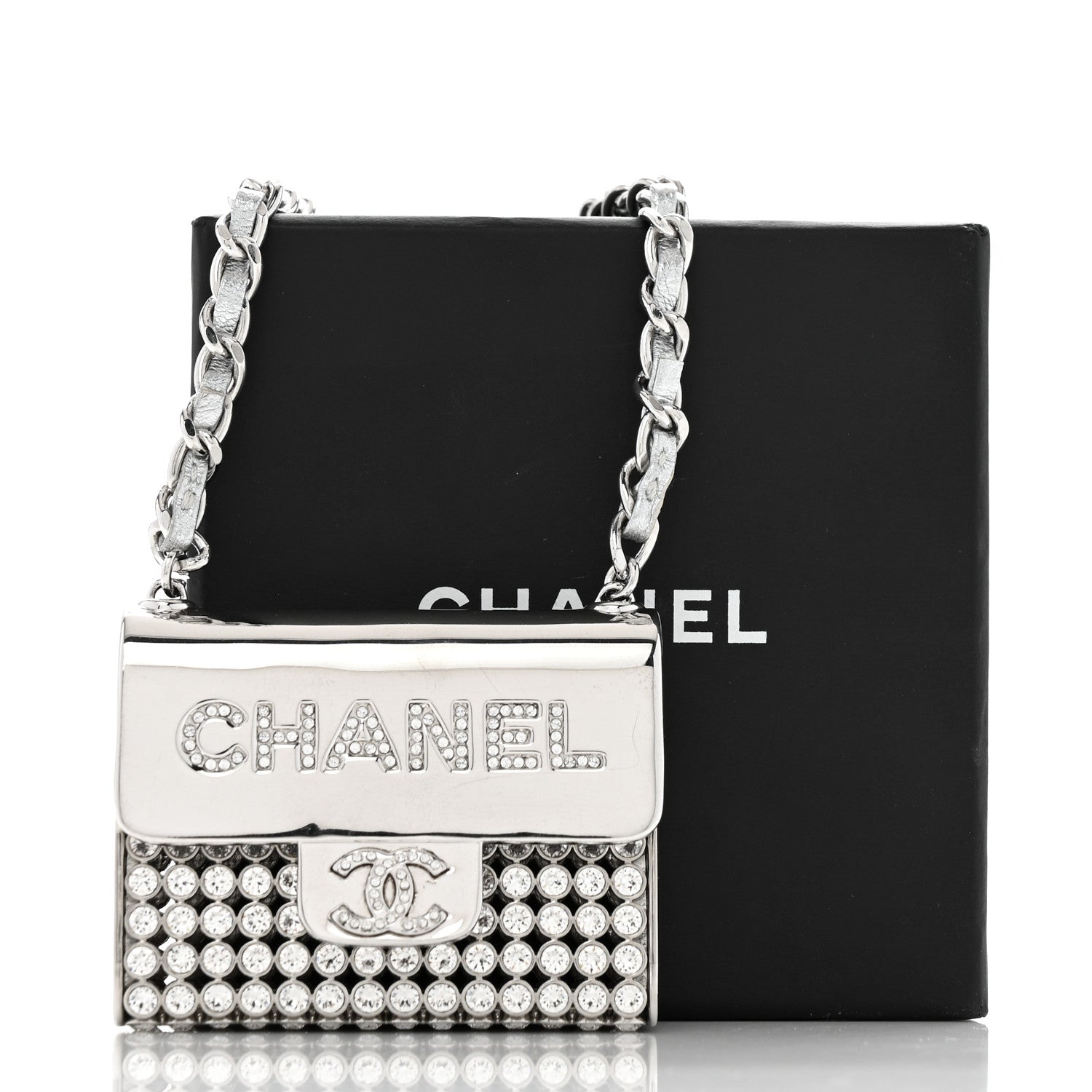 Chanel Metal Lambskin Strass Crystal Purse CC Long Necklace Silver