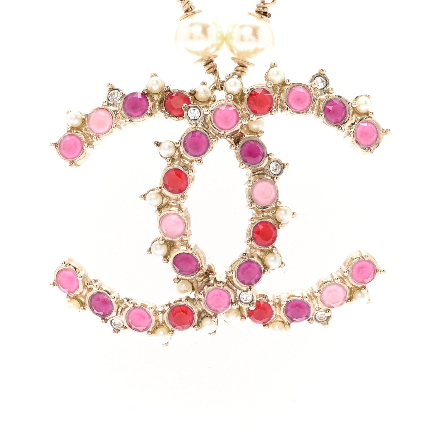 Chanel Pearl Crystal Beaded CC Pendant Necklace Gold Pink