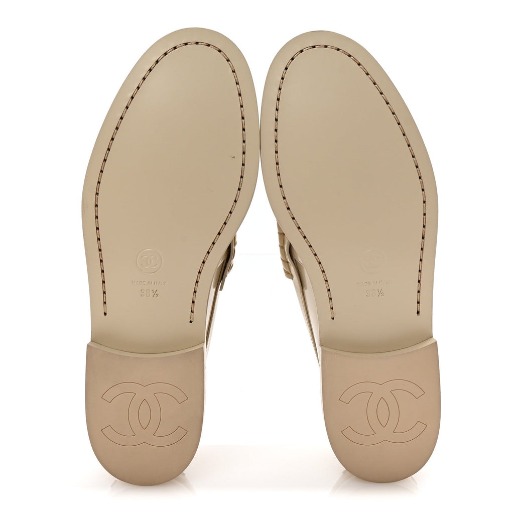 Chanel Shiny Calfskin Logo Loafers 38.5 Light Beige