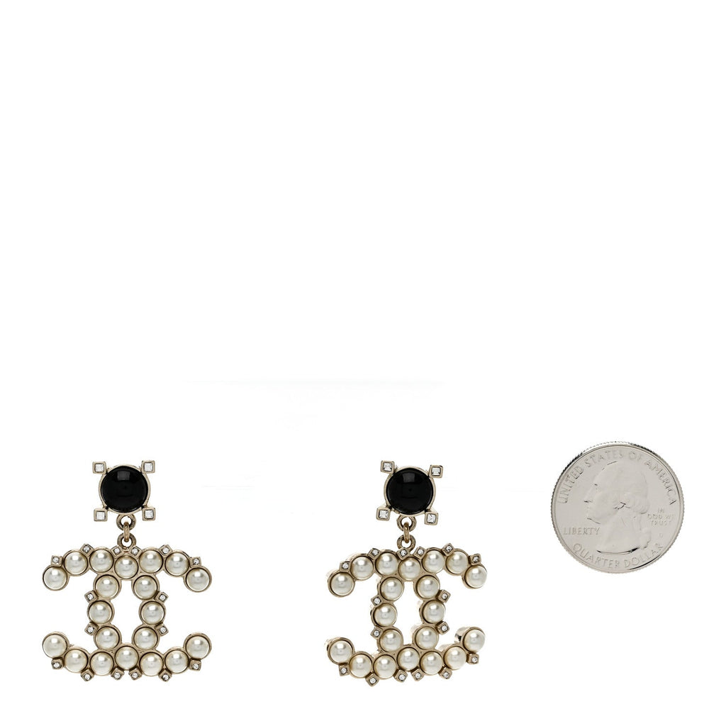 Chanel Resin Crystal Pearl CC Drop Earrings Black Gold