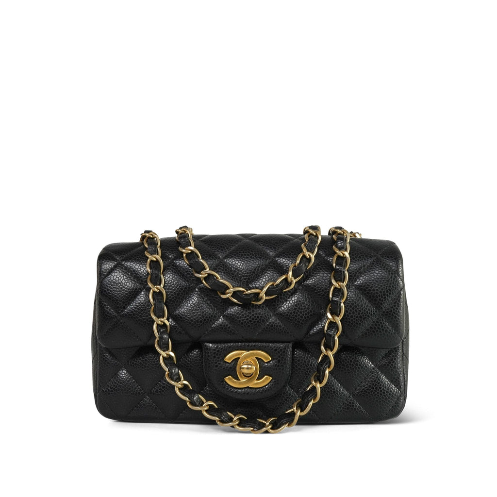 Chanel Black Caviar Quilted Mini Rectangular Flap Aged Gold Hardware
