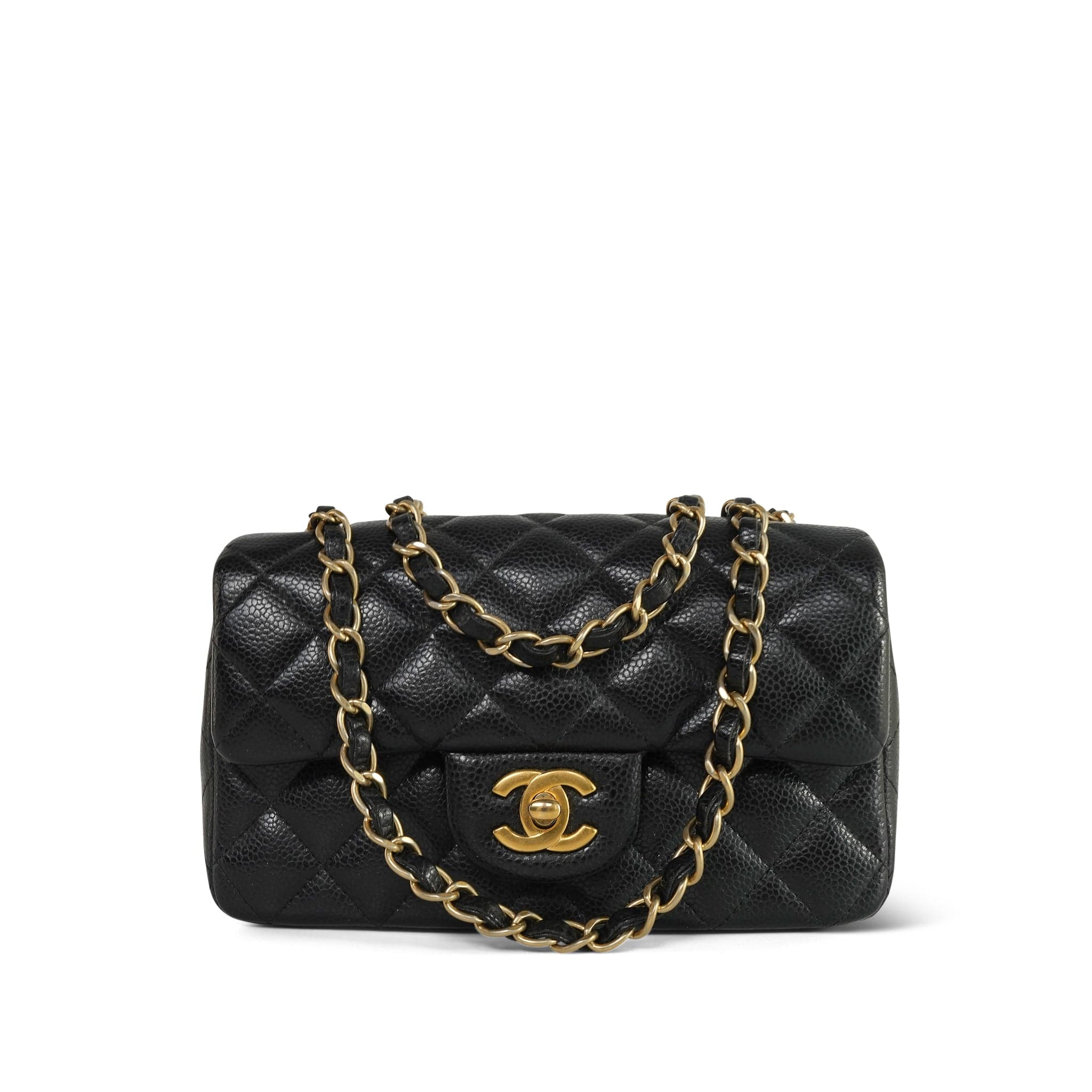 Chanel Black Caviar Quilted Mini Rectangular Flap Aged Gold Hardware