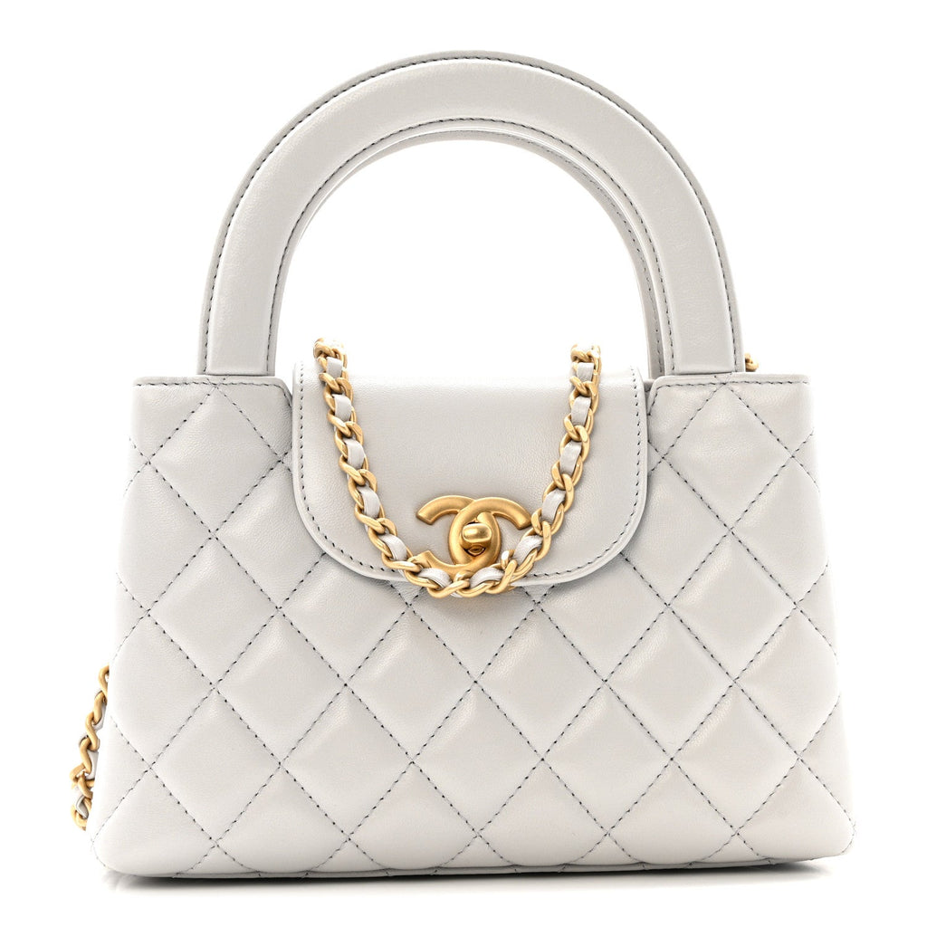 Chanel Shiny Aged Calfskin Quilted Nano Kelly Shopper Light Grey