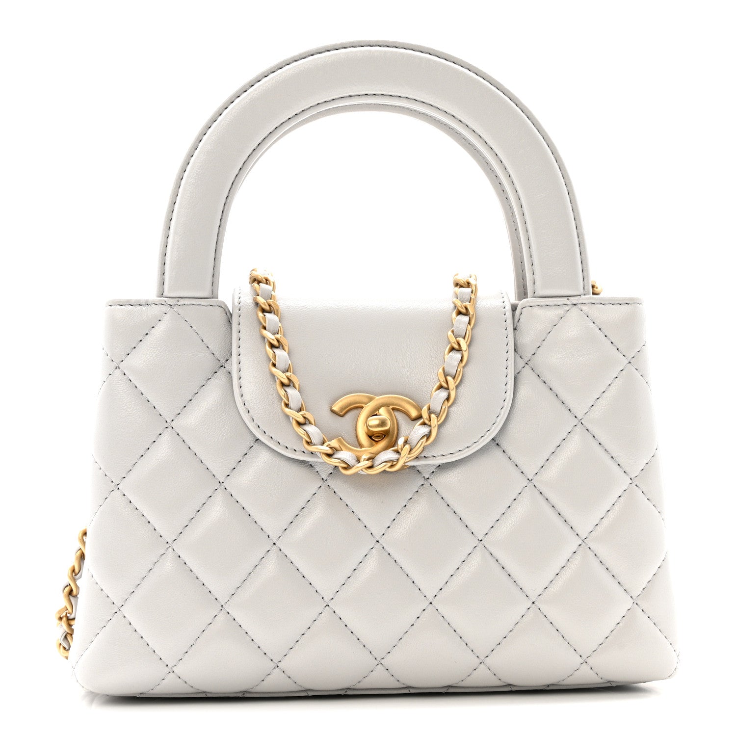Chanel Shiny Aged Calfskin Quilted Nano Kelly Shopper Light Grey