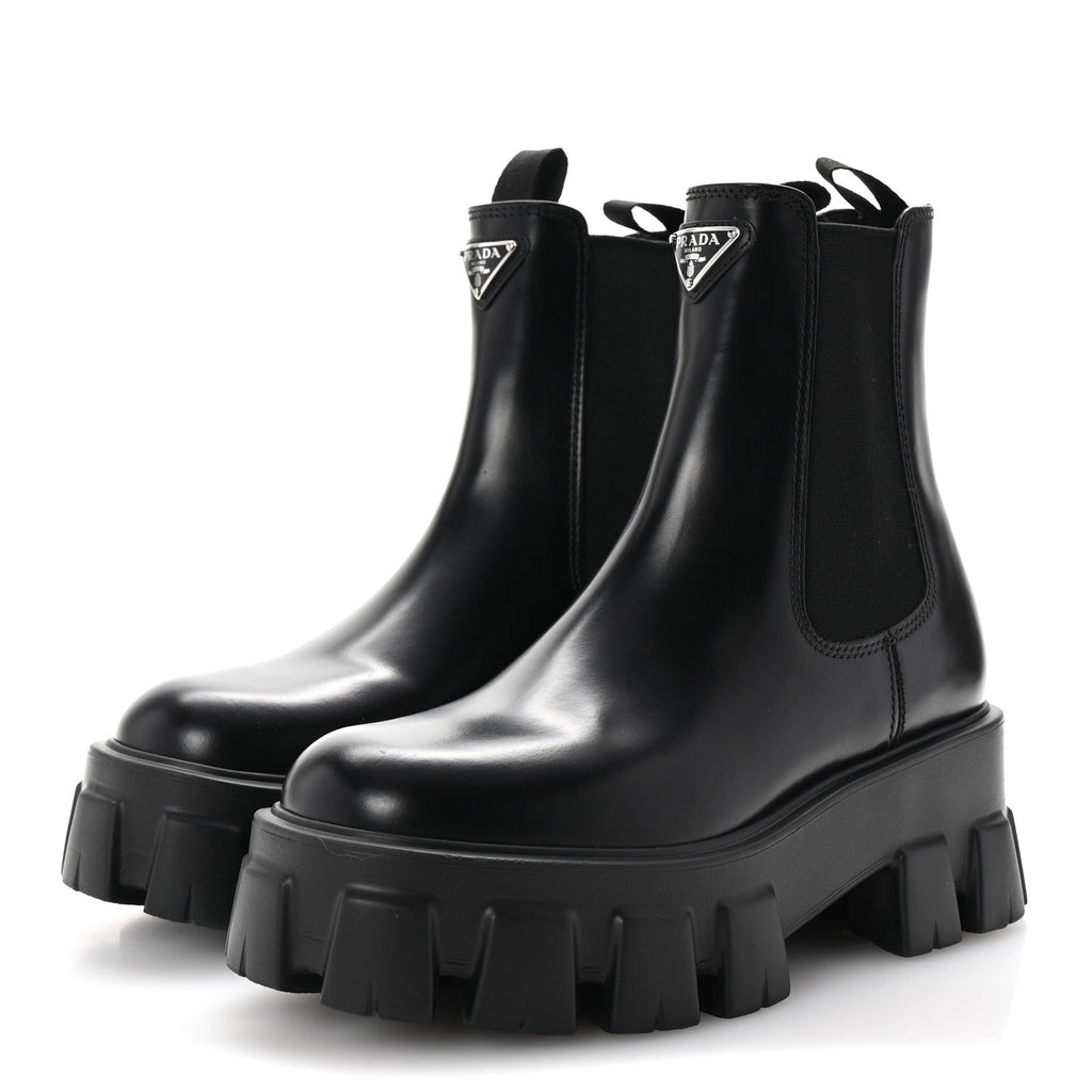 Prada Spazzolato Rois Triangle Monolith Chelsea 55mm Boots 35.5 Black