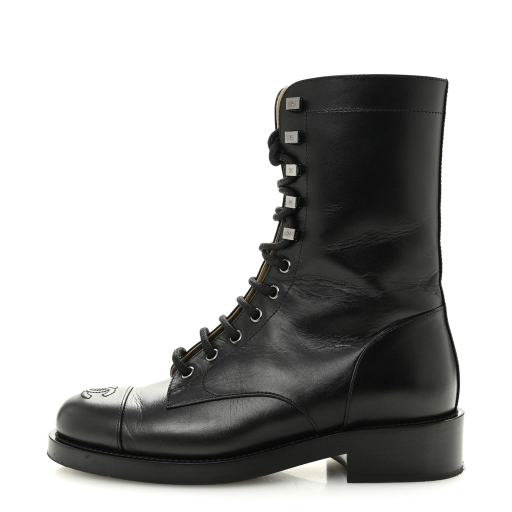 Chanel Calfskin Lace Up Combat Boots 37.5 Black