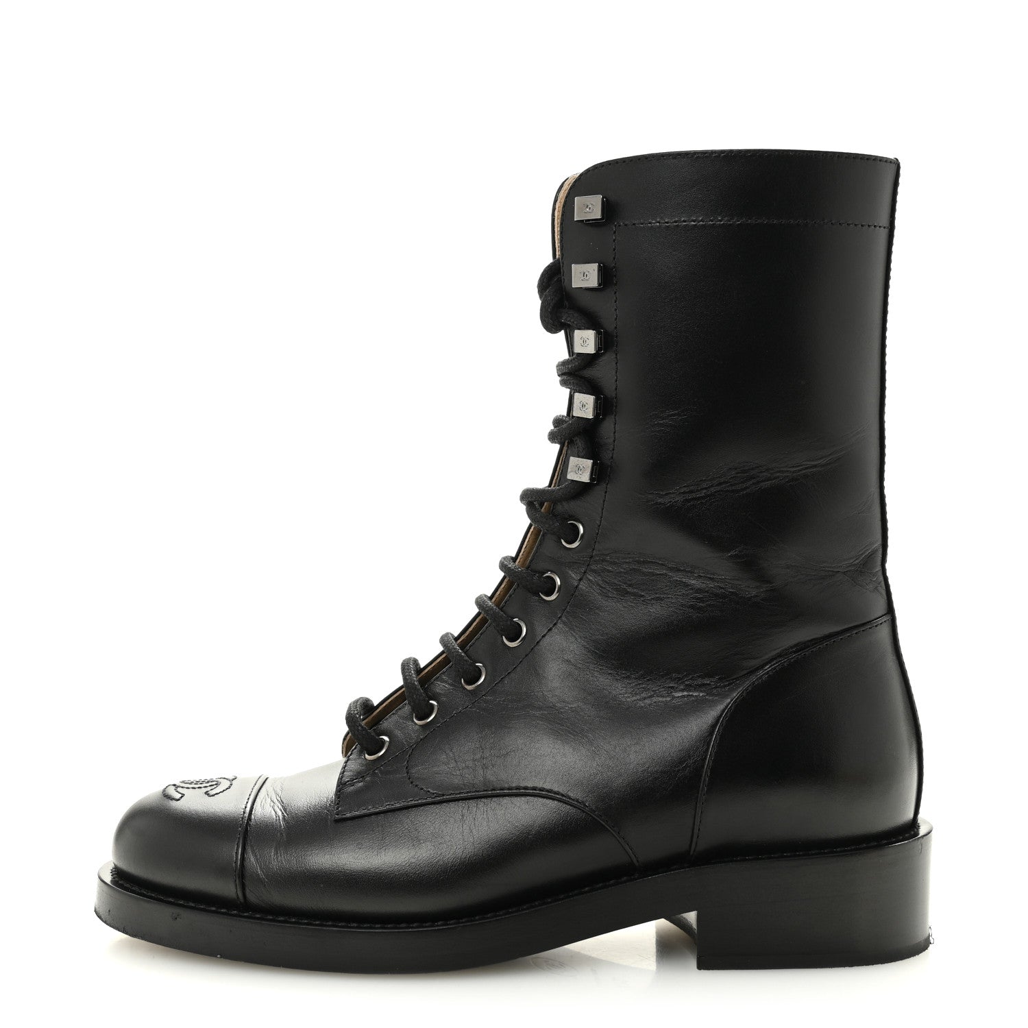 Chanel Calfskin Lace Up Combat Boots 37.5 Black