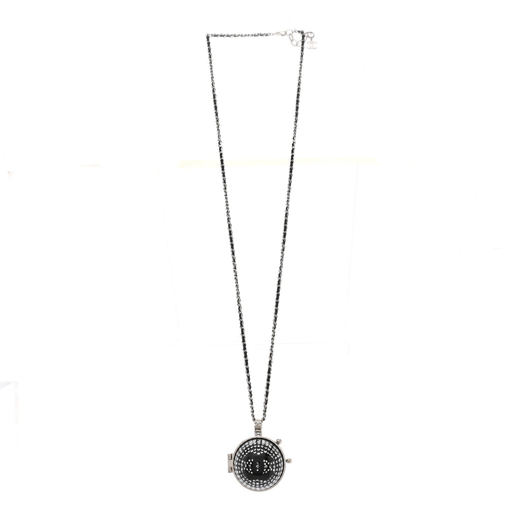 Chanel Resin Crystal Lambskin Ball Mirror Necklace Black Silver