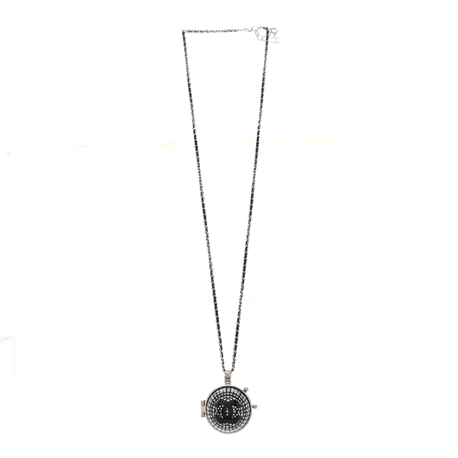 Chanel Resin Crystal Lambskin Ball Mirror Necklace Black Silver