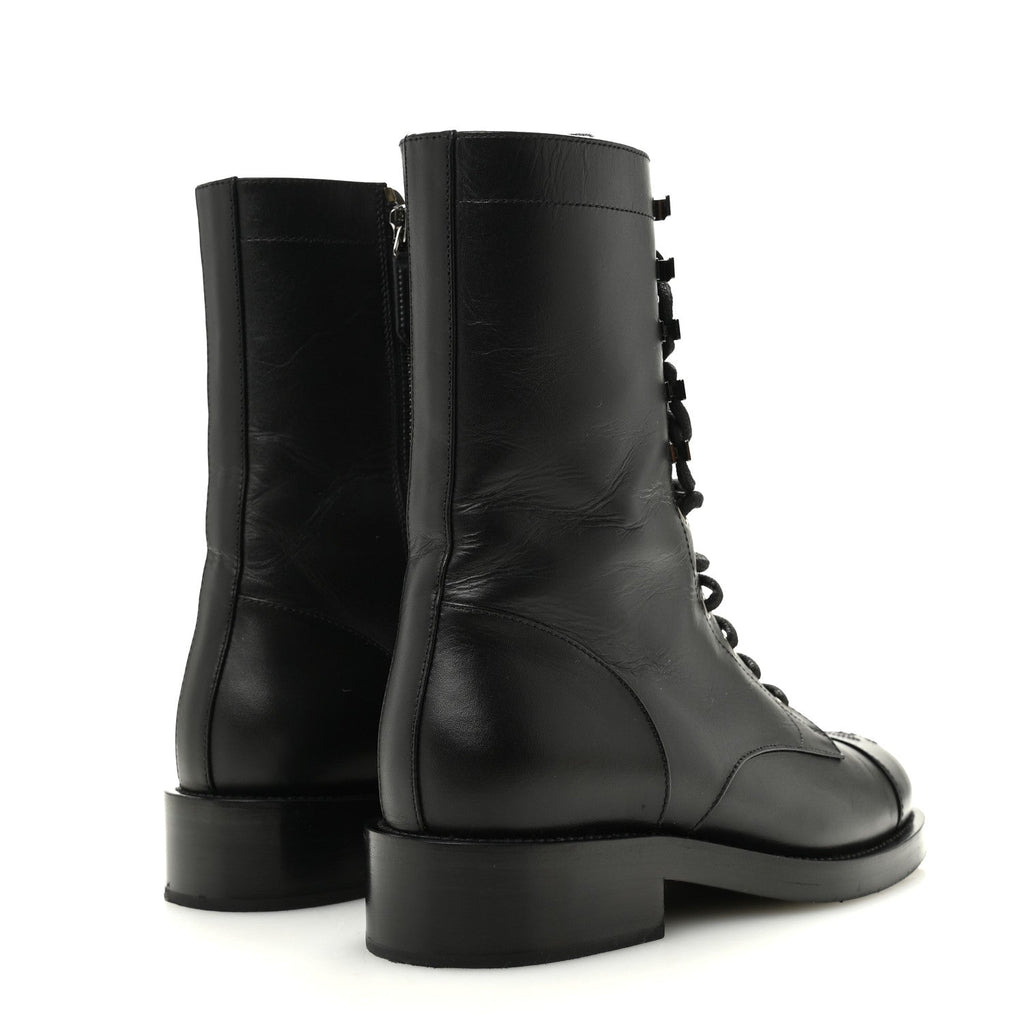 Chanel Calfskin Lace Up Combat Boots 37.5 Black