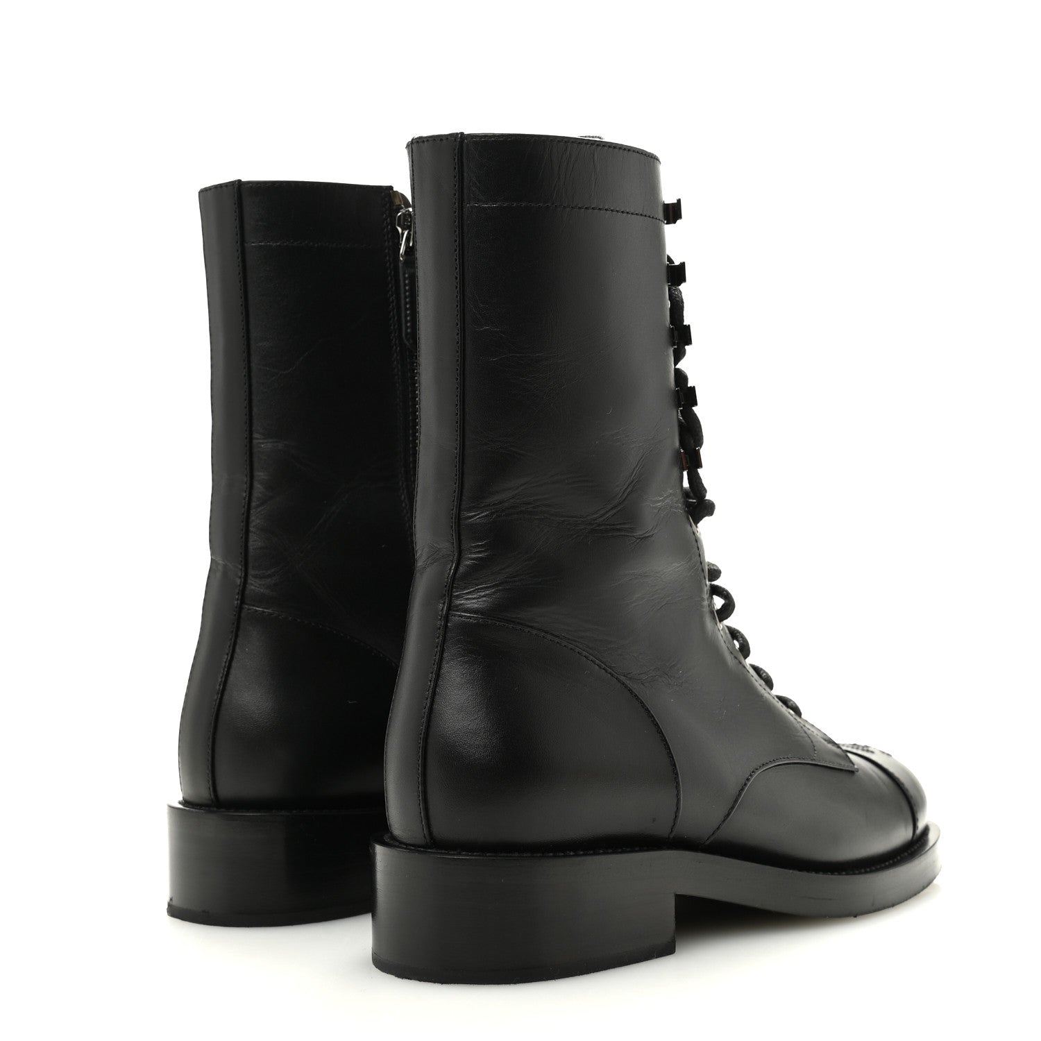 Chanel Calfskin Lace Up Combat Boots 37.5 Black