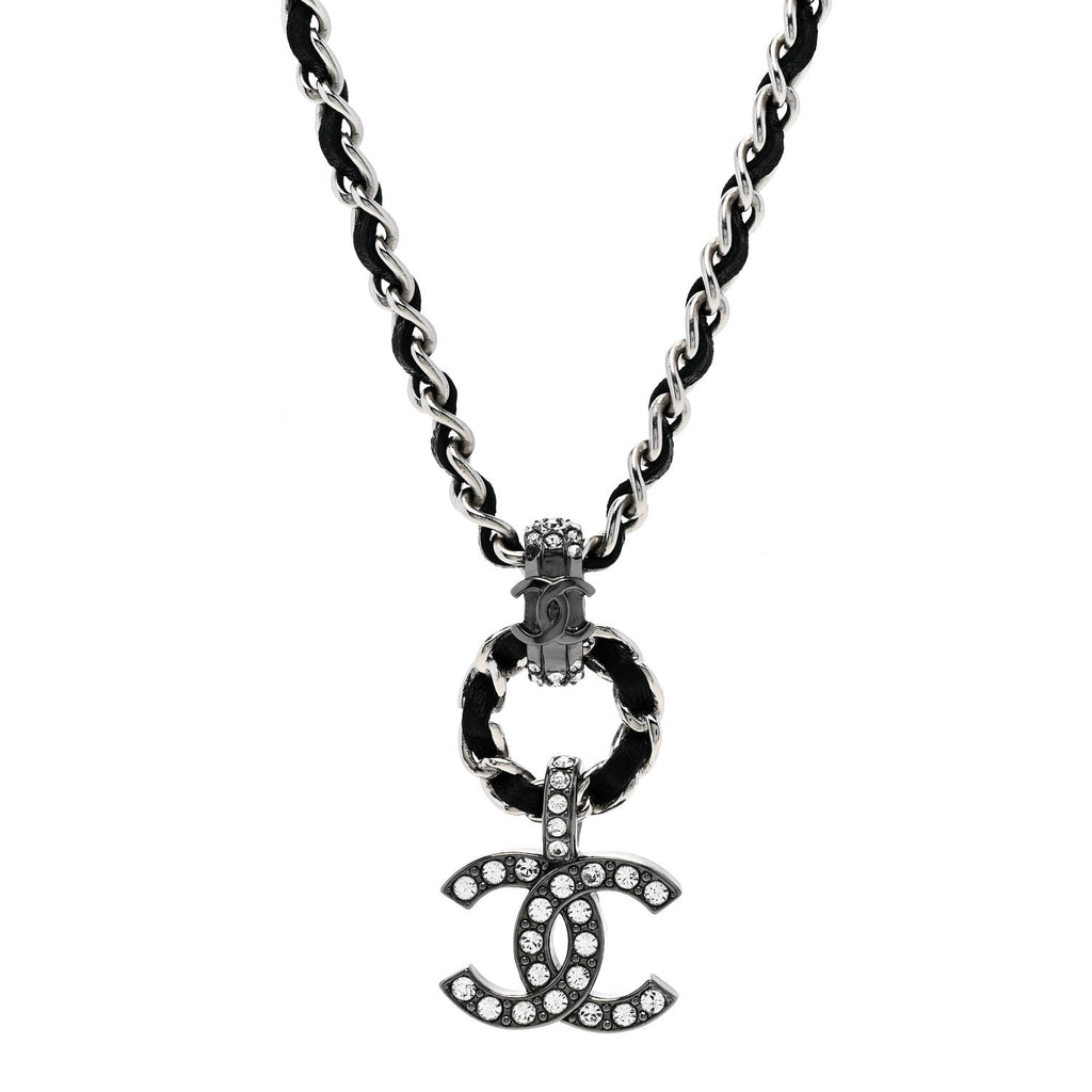 Chanel Lambskin Crystal Chain Choker Necklace Silver Black