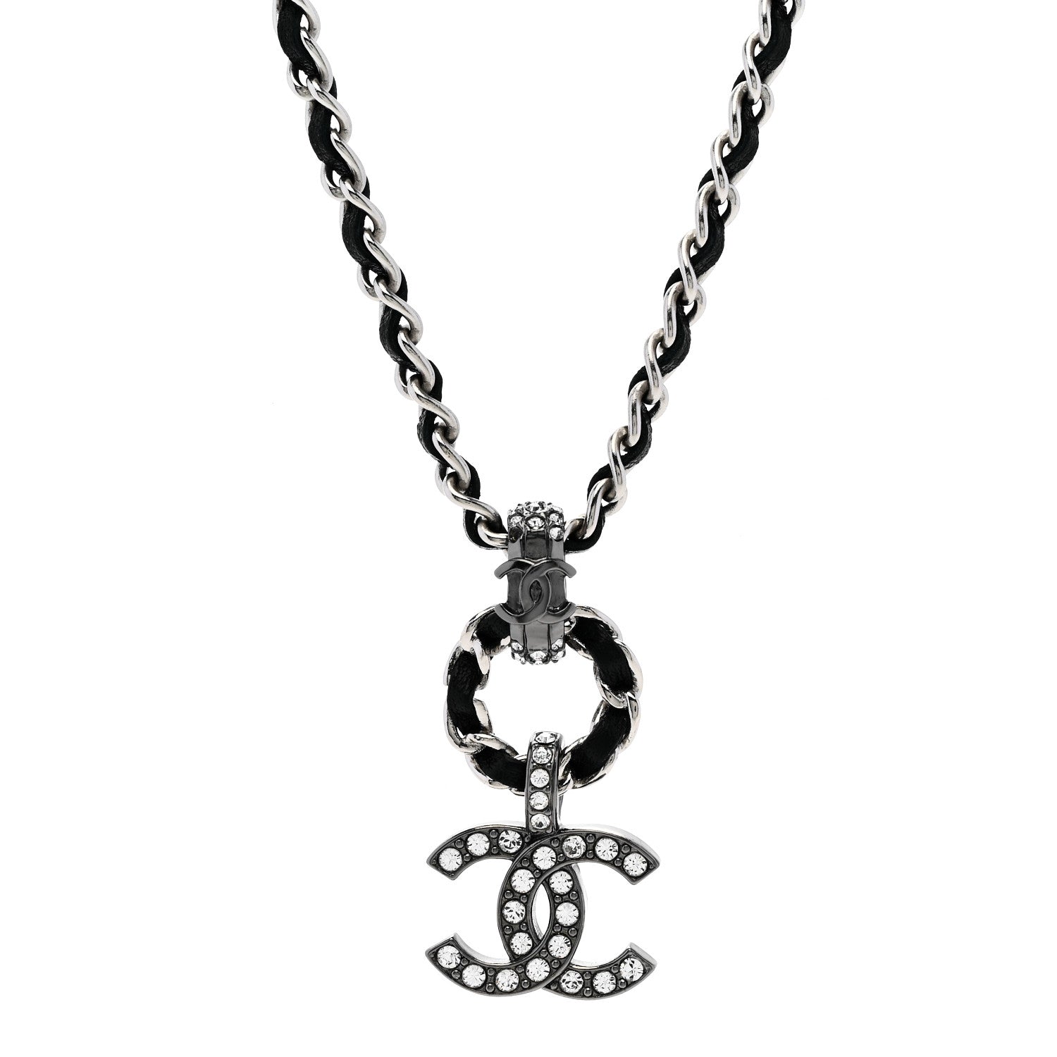 Chanel Lambskin Crystal Chain Choker Necklace Silver Black
