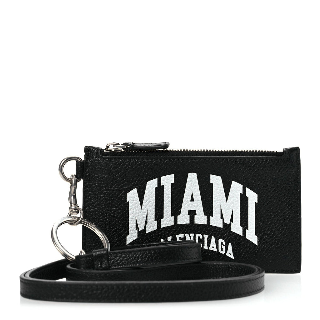 Balenciaga Grained Calfskin Miami Logo Cash Coin Card Holder On Keychain Black